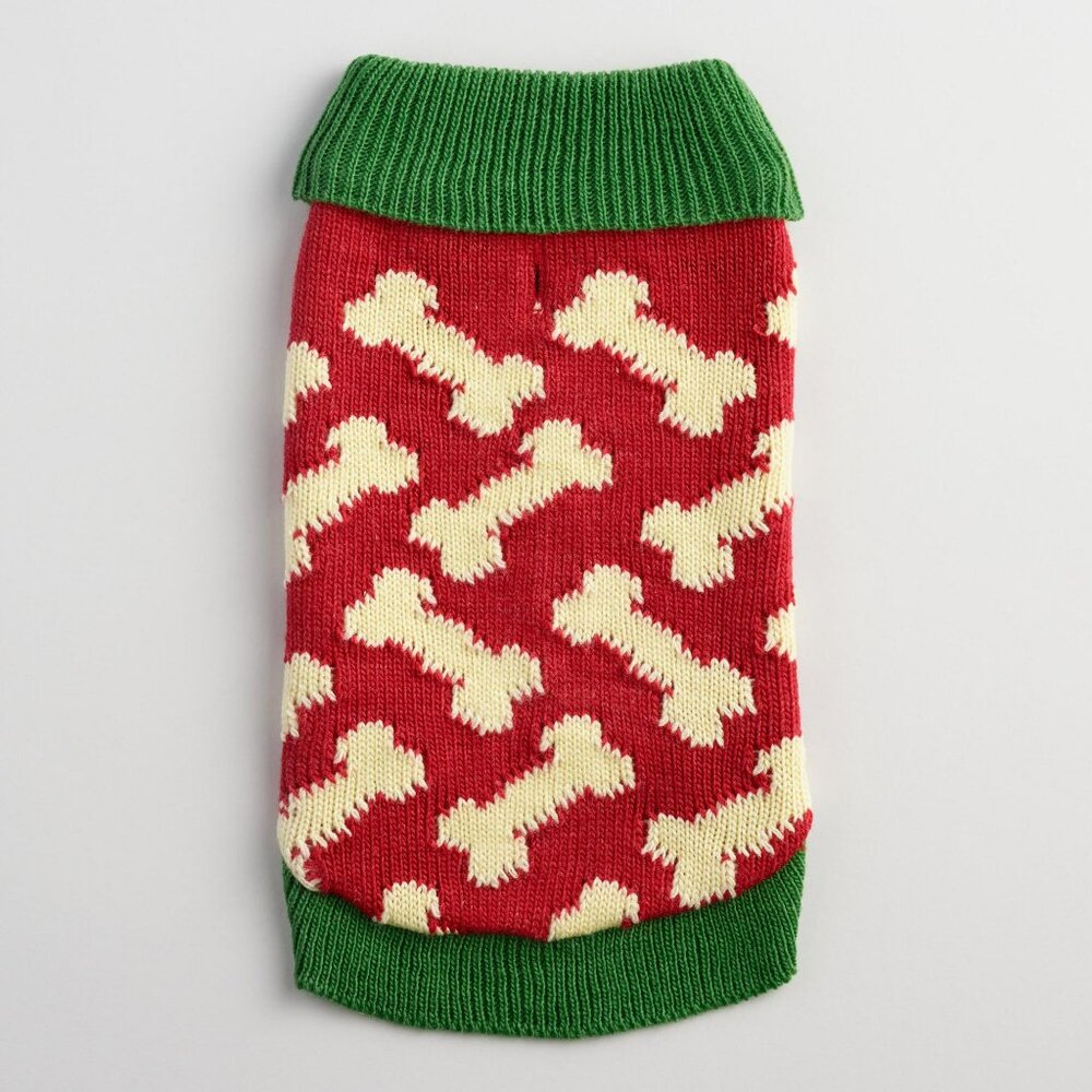 NWT size SMALL dog NEW sweater WORLD MARKET knit pet BONE red green warm cute